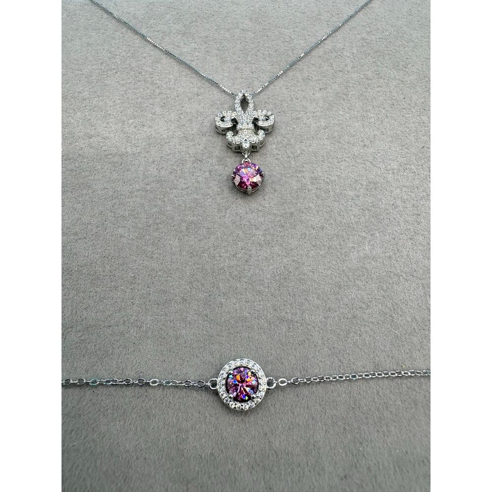 NEW Elegant Pink & White Moissanite Fleur de Lis Jewelry Set - Picture 6 of 10